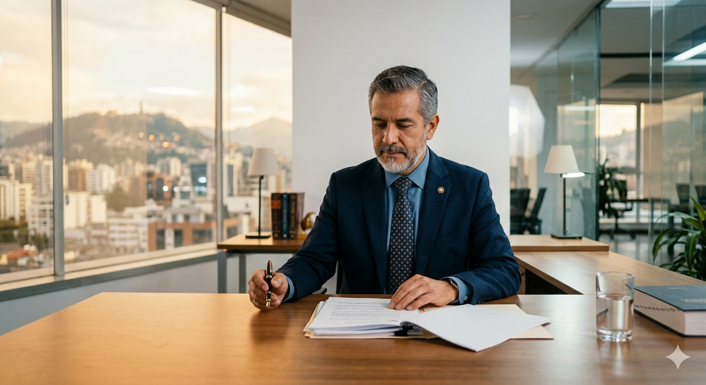 Empresario en Ecuador revisando documentos legales ante una notificación de la Fiscalía.